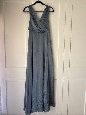 ASOS DESIGN Bridesmaid satin maxi dress with wrap bodice in dusky blue